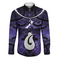 Personalised Maori Matariki Hei Matau Waiporoporo Family Matching Off Shoulder Short Dress and Hawaiian Shirt Maori Kowhaiwhai Pattern Galaxy LT01 Dad's Shirt - Long Sleeve Purple - Polynesian Pride