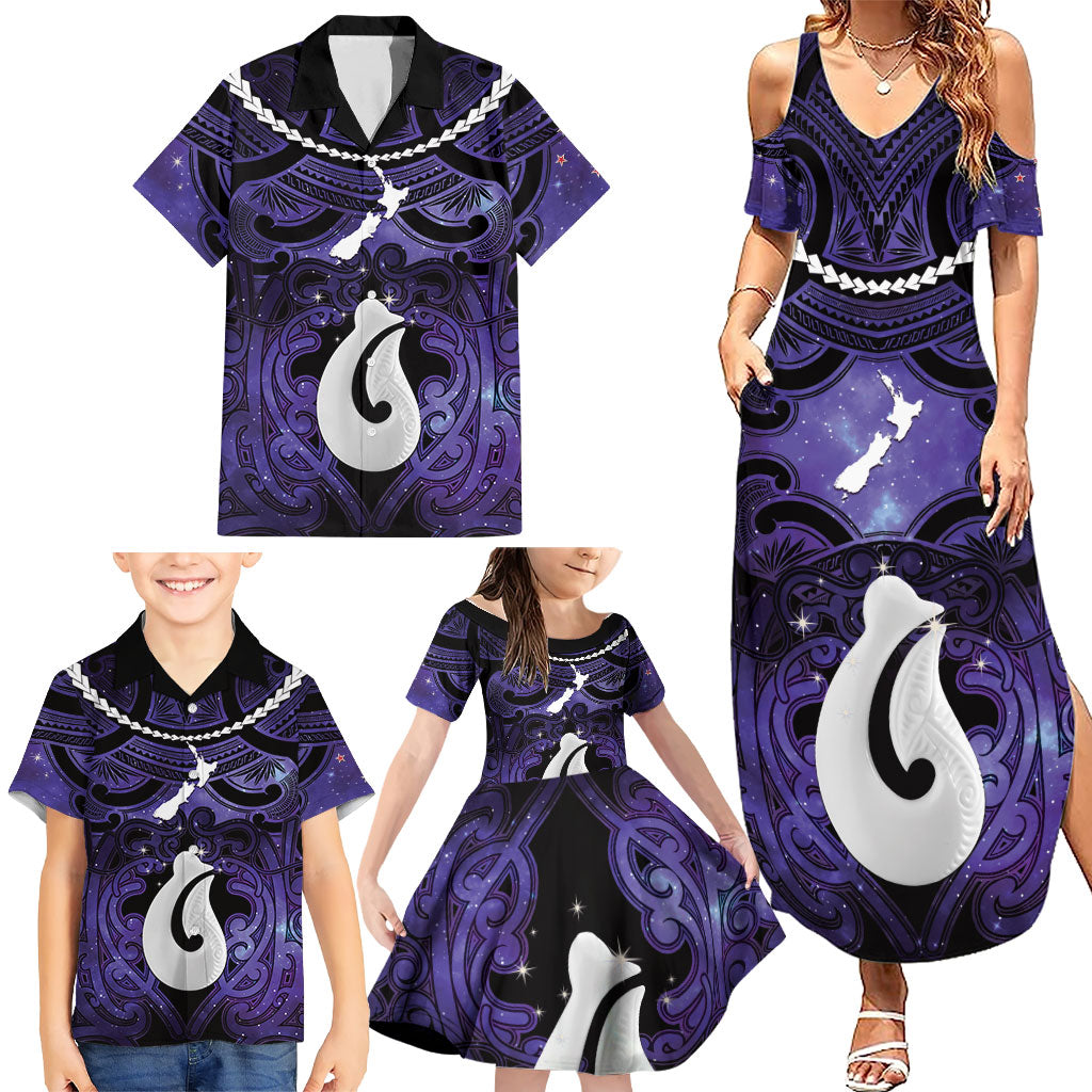 Personalised Maori Matariki Hei Matau Waiporoporo Family Matching Summer Maxi Dress and Hawaiian Shirt Maori Kowhaiwhai Pattern Galaxy LT01 - Polynesian Pride