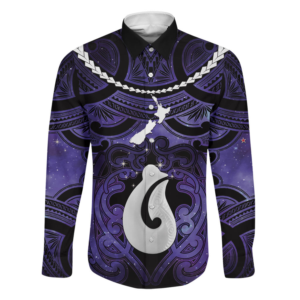Personalised Maori Matariki Hei Matau Waiporoporo Family Matching Summer Maxi Dress and Hawaiian Shirt Maori Kowhaiwhai Pattern Galaxy LT01 Dad's Shirt - Long Sleeve Purple - Polynesian Pride