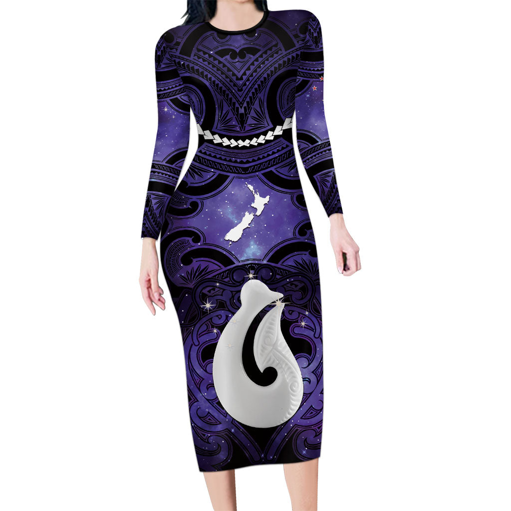 Personalised Maori Matariki Hei Matau Waiporoporo Long Sleeve Bodycon Dress Maori Kowhaiwhai Pattern Galaxy