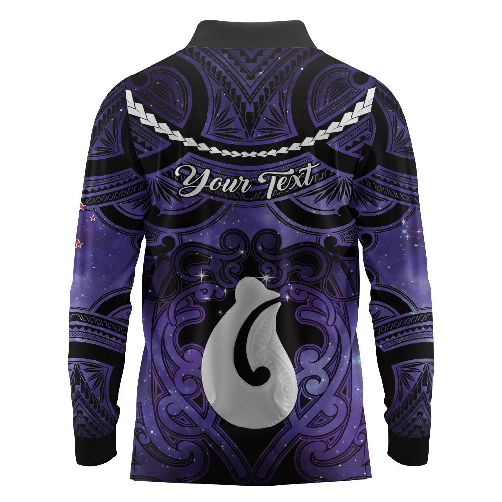 Personalised Maori Matariki Hei Matau Waiporoporo Long Sleeve Polo Shirt Maori Kowhaiwhai Pattern Galaxy
