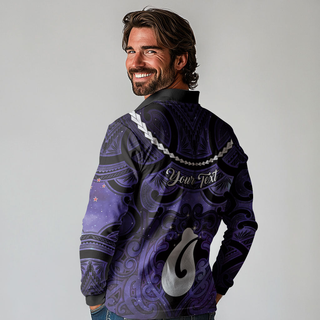 Personalised Maori Matariki Hei Matau Waiporoporo Long Sleeve Polo Shirt Maori Kowhaiwhai Pattern Galaxy
