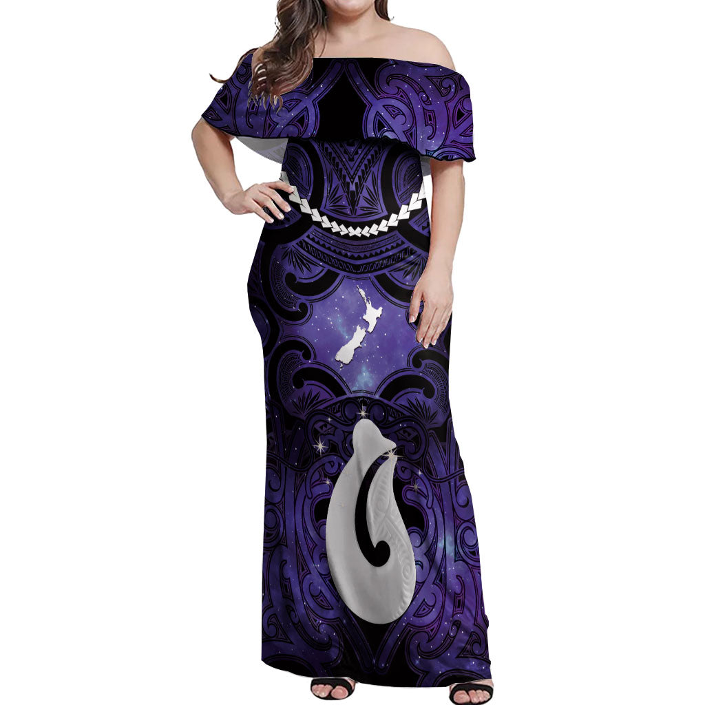 Personalised Maori Matariki Hei Matau Waiporoporo Off Shoulder Maxi Dress Maori Kowhaiwhai Pattern Galaxy