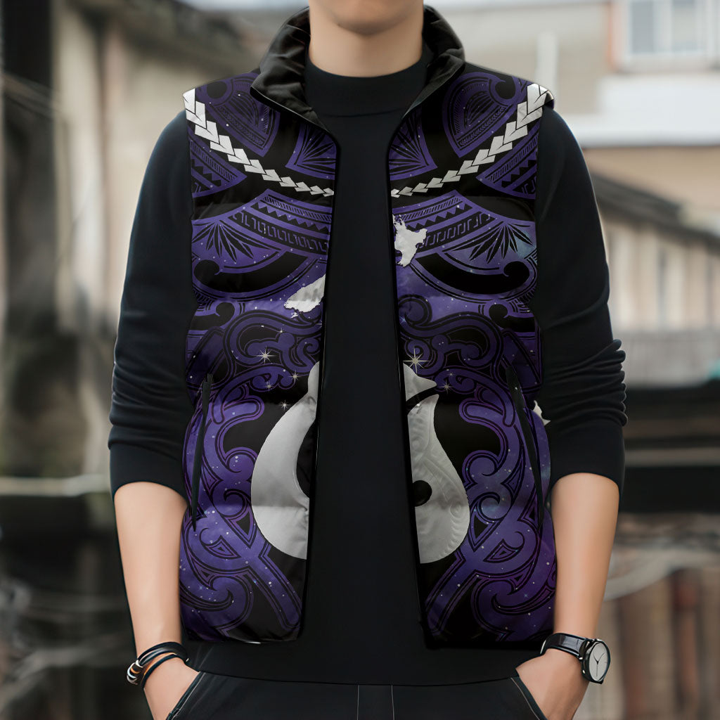 Personalised Maori Matariki Hei Matau Waiporoporo Sleeveless Puffer Jacket Maori Kowhaiwhai Pattern Galaxy