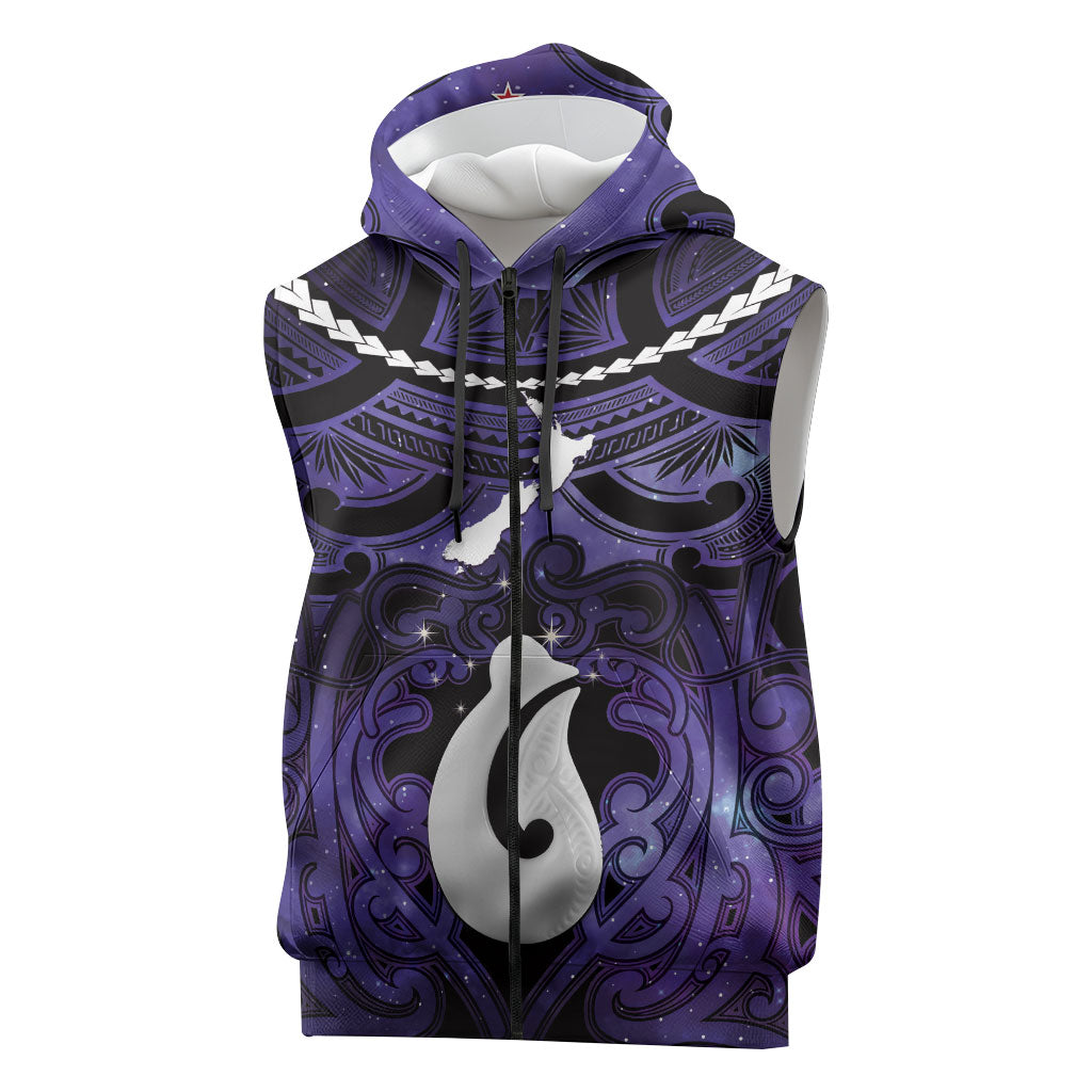 Personalised Maori Matariki Hei Matau Waiporoporo Sleeveless Zip Hoodie Maori Kowhaiwhai Pattern Galaxy