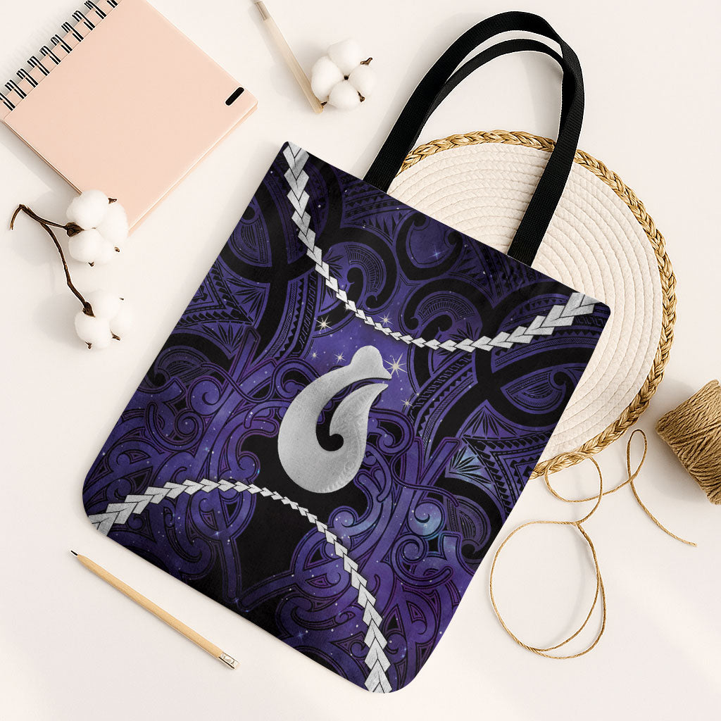 Maori Matariki Hei Matau Waiporoporo Tote Bag Maori Kowhaiwhai Pattern Galaxy