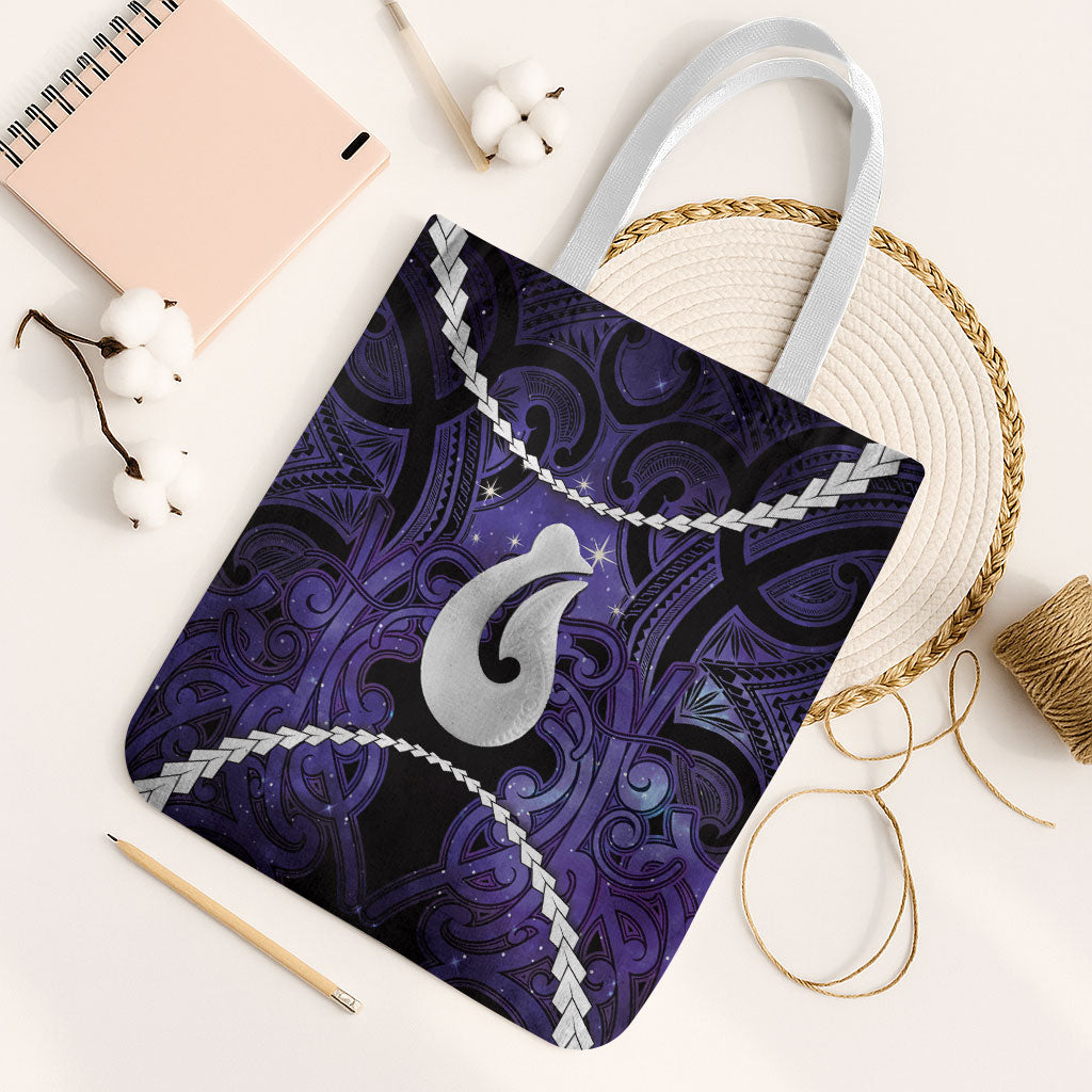 Maori Matariki Hei Matau Waiporoporo Tote Bag Maori Kowhaiwhai Pattern Galaxy