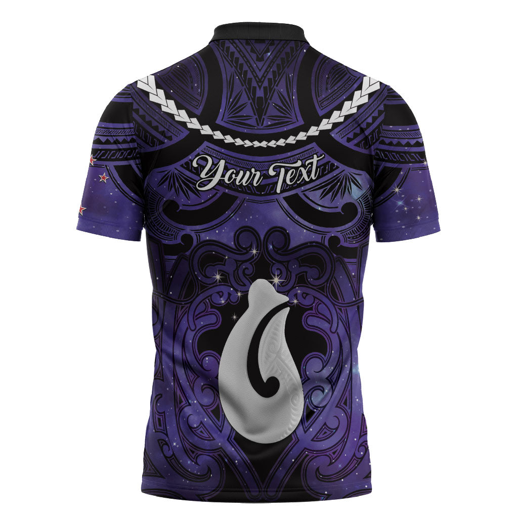 Personalised Maori Matariki Hei Matau Waiporoporo Zipper Polo Shirt Maori Kowhaiwhai Pattern Galaxy