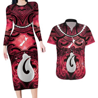 Personalised Maori Matariki Hei Matau Whero Couples Matching Long Sleeve Bodycon Dress and Hawaiian Shirt Maori Kowhaiwhai Pattern Galaxy LT01 Red - Polynesian Pride