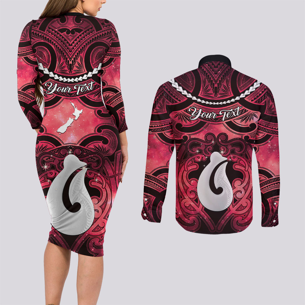 Personalised Maori Matariki Hei Matau Whero Couples Matching Long Sleeve Bodycon Dress and Long Sleeve Button Shirt Maori Kowhaiwhai Pattern Galaxy