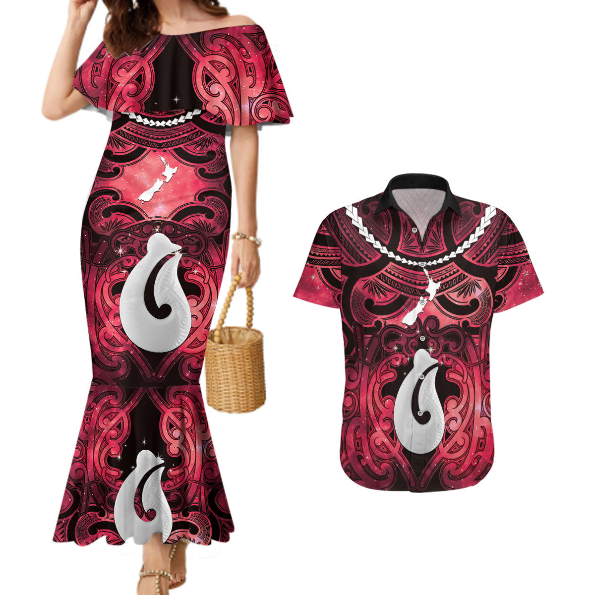 Personalised Maori Matariki Hei Matau Whero Couples Matching Mermaid Dress and Hawaiian Shirt Maori Kowhaiwhai Pattern Galaxy LT01 Red - Polynesian Pride