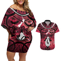 Personalised Maori Matariki Hei Matau Whero Couples Matching Off Shoulder Short Dress and Hawaiian Shirt Maori Kowhaiwhai Pattern Galaxy
