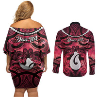 Personalised Maori Matariki Hei Matau Whero Couples Matching Off Shoulder Short Dress and Long Sleeve Button Shirt Maori Kowhaiwhai Pattern Galaxy