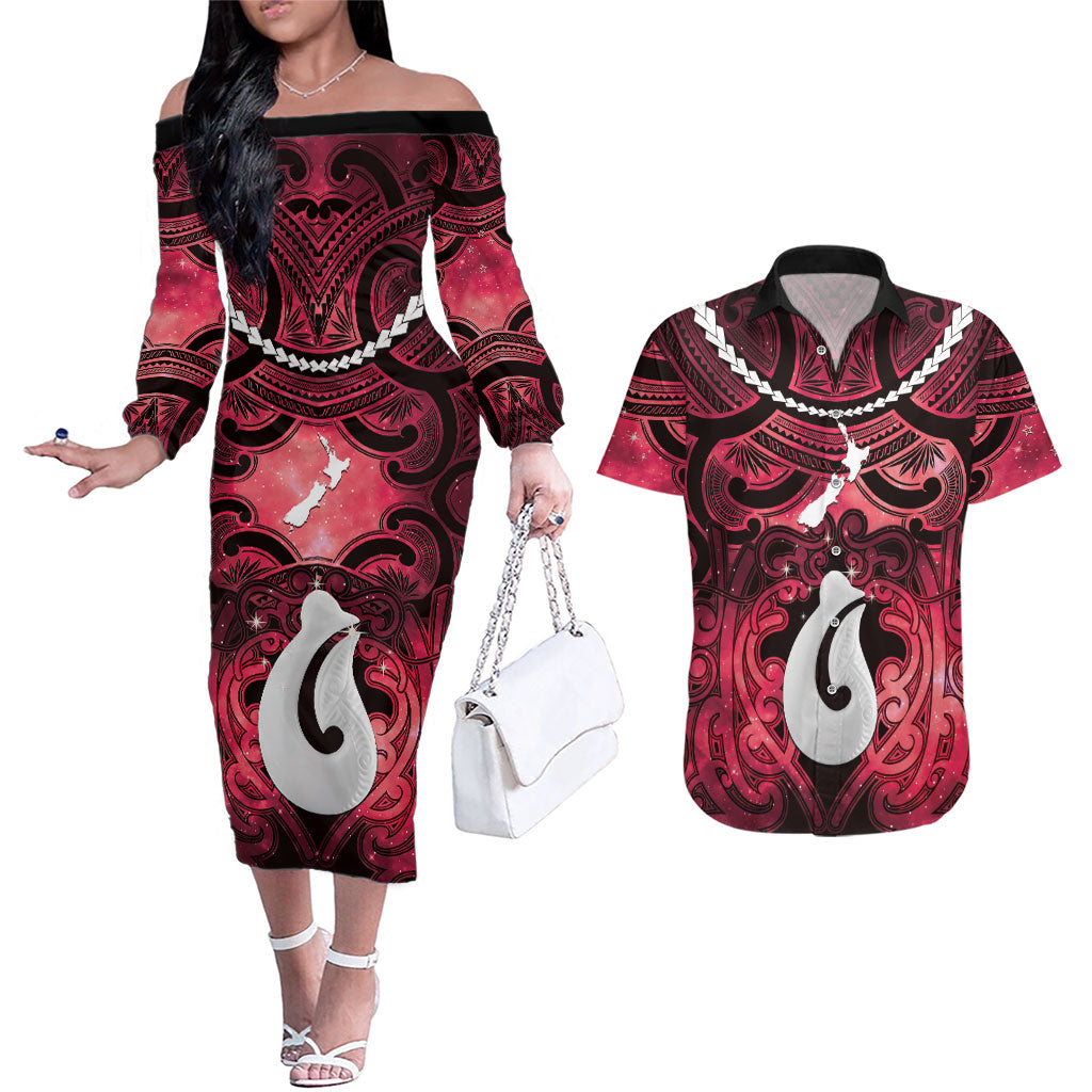 Personalised Maori Matariki Hei Matau Whero Couples Matching Off The Shoulder Long Sleeve Dress and Hawaiian Shirt Maori Kowhaiwhai Pattern Galaxy