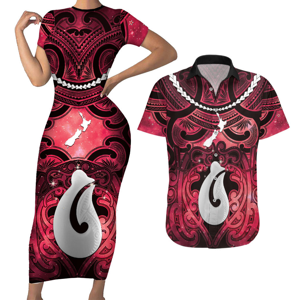 Personalised Maori Matariki Hei Matau Whero Couples Matching Short Sleeve Bodycon Dress and Hawaiian Shirt Maori Kowhaiwhai Pattern Galaxy LT01 Red - Polynesian Pride