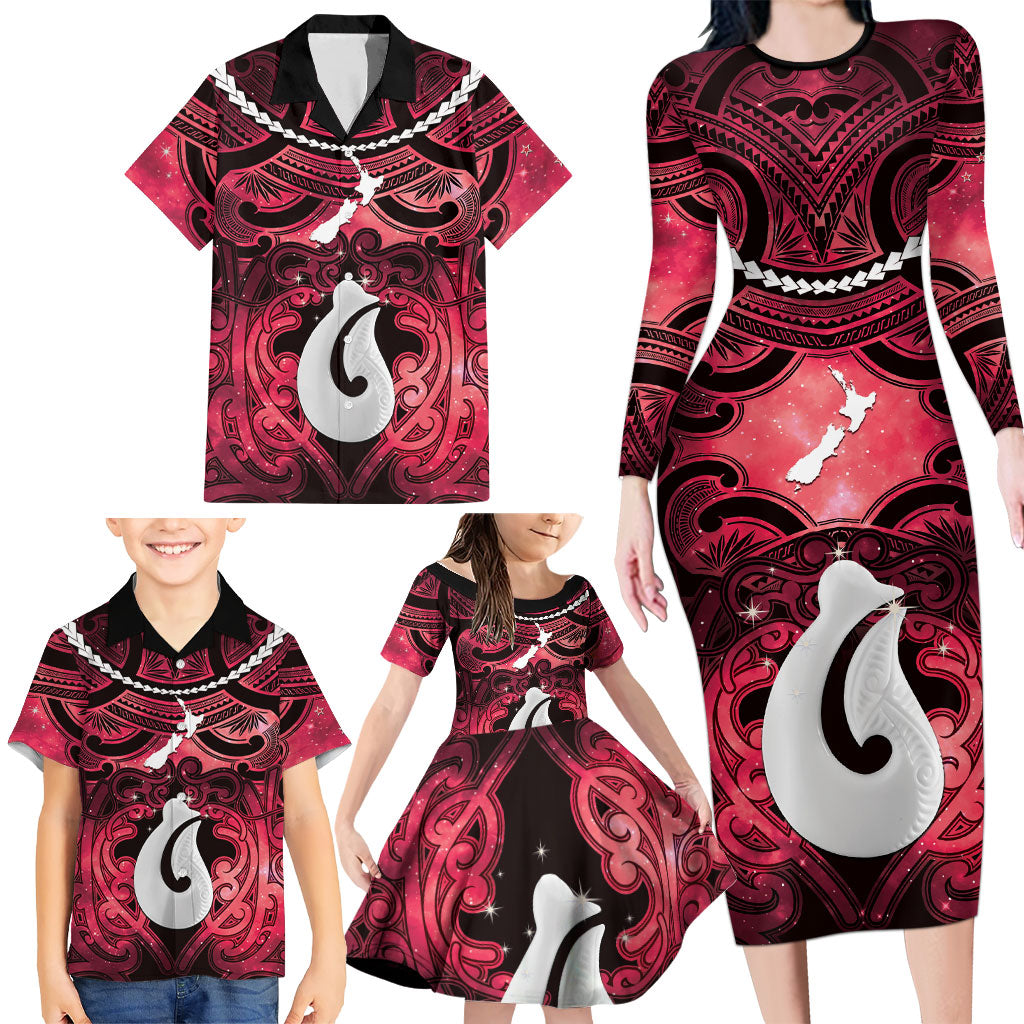 Personalised Maori Matariki Hei Matau Whero Family Matching Long Sleeve Bodycon Dress and Hawaiian Shirt Maori Kowhaiwhai Pattern Galaxy