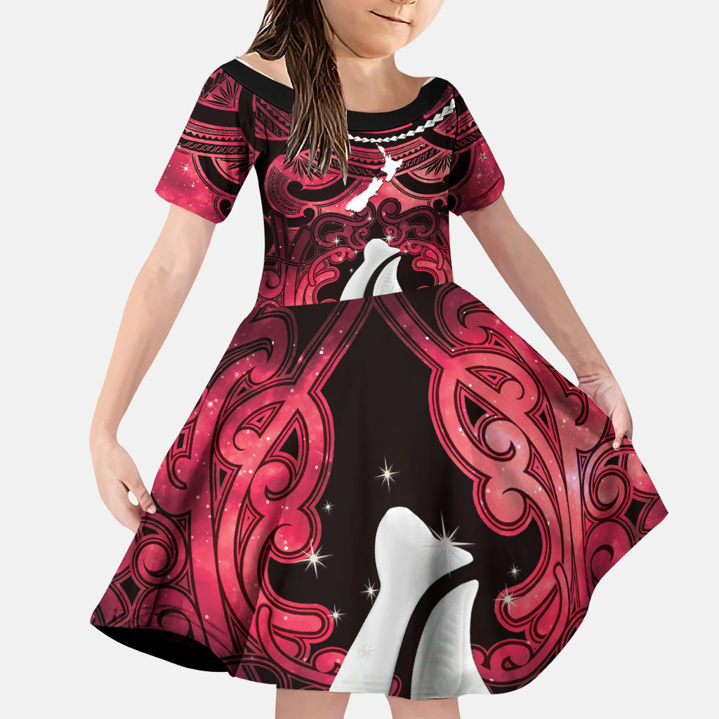 Personalised Maori Matariki Hei Matau Whero Family Matching Mermaid Dress and Hawaiian Shirt Maori Kowhaiwhai Pattern Galaxy LT01 Daughter's Dress Red - Polynesian Pride