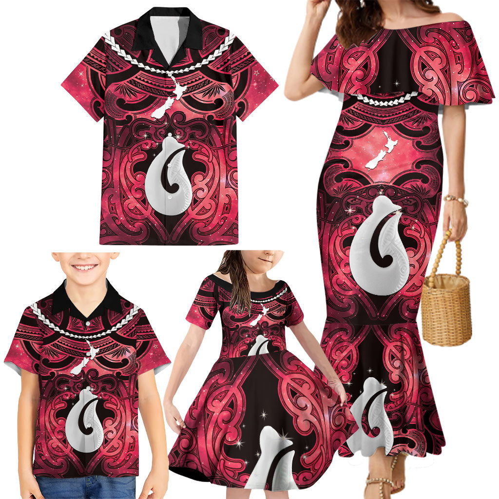 Personalised Maori Matariki Hei Matau Whero Family Matching Mermaid Dress and Hawaiian Shirt Maori Kowhaiwhai Pattern Galaxy