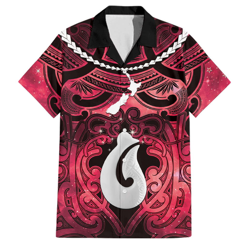 Personalised Maori Matariki Hei Matau Whero Family Matching Off Shoulder Maxi Dress and Hawaiian Shirt Maori Kowhaiwhai Pattern Galaxy LT01 Dad's Shirt - Short Sleeve Red - Polynesian Pride