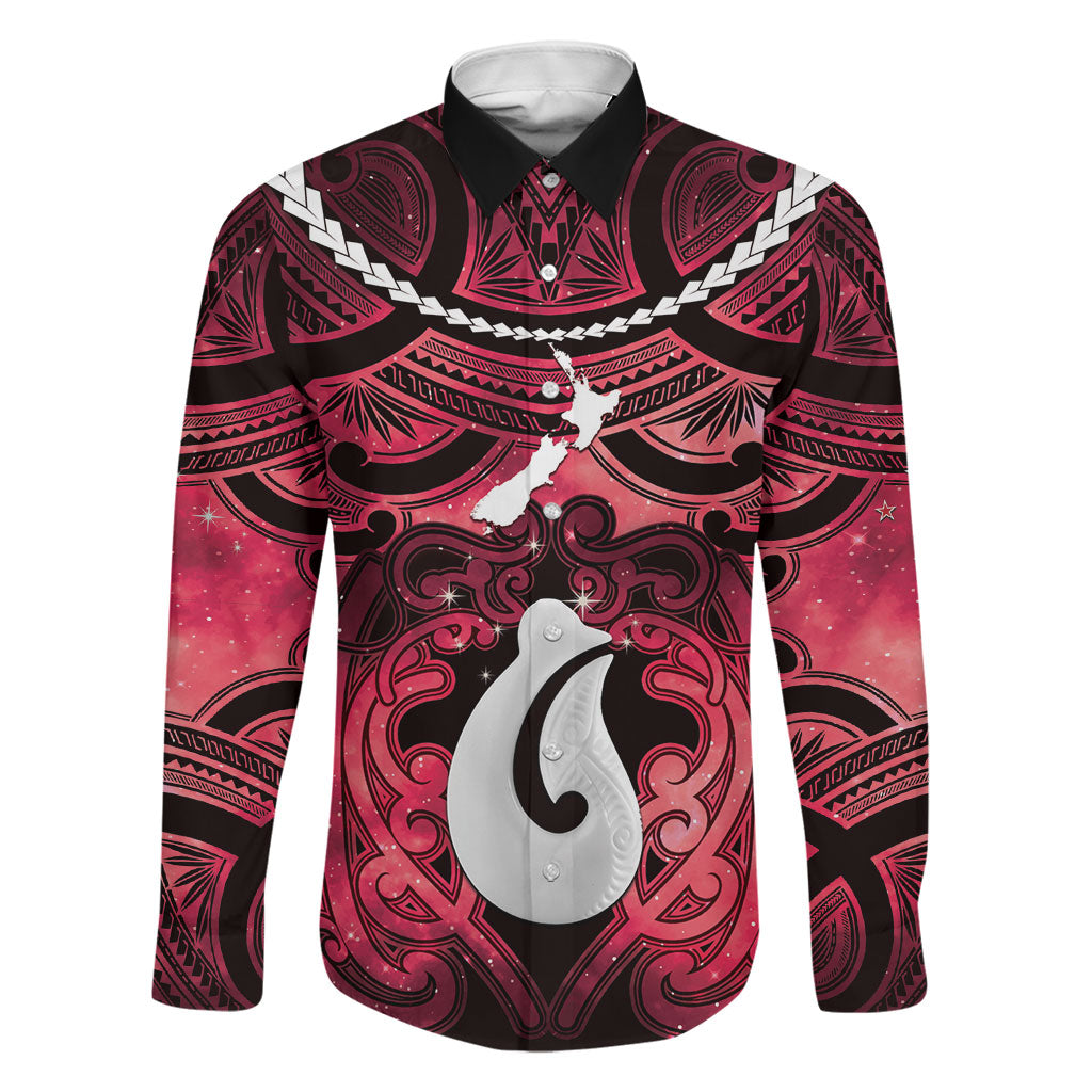 Personalised Maori Matariki Hei Matau Whero Family Matching Off Shoulder Short Dress and Hawaiian Shirt Maori Kowhaiwhai Pattern Galaxy LT01 Dad's Shirt - Long Sleeve Red - Polynesian Pride