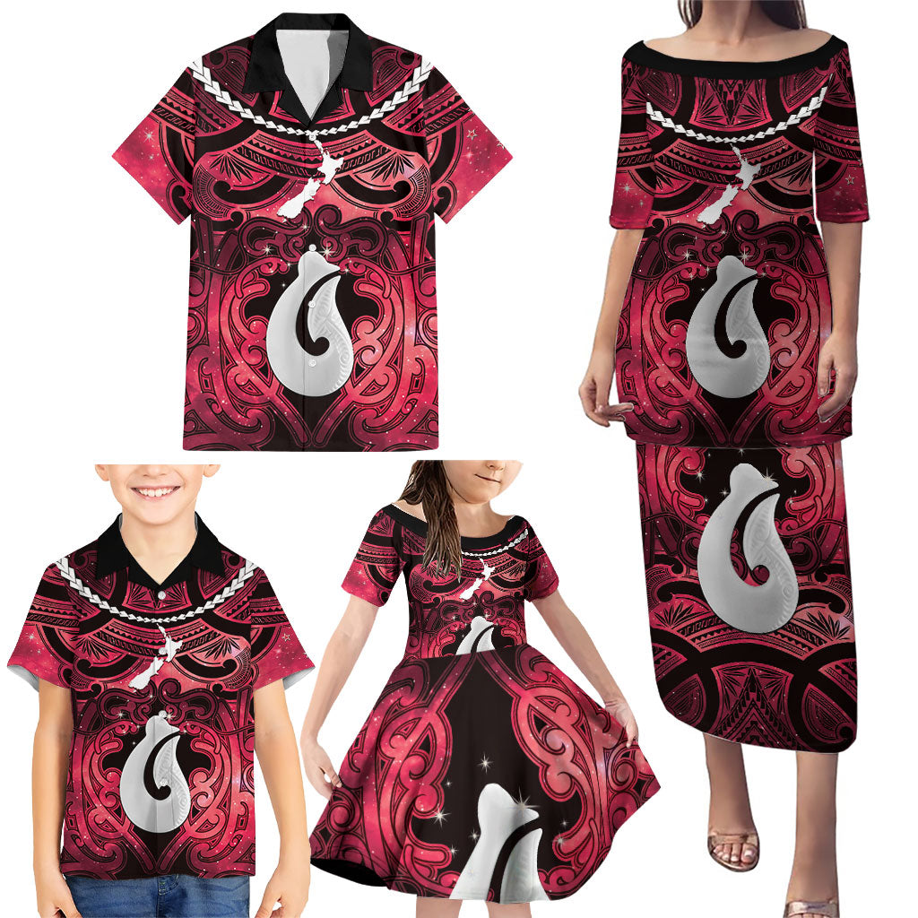 Personalised Maori Matariki Hei Matau Whero Family Matching Puletasi and Hawaiian Shirt Maori Kowhaiwhai Pattern Galaxy