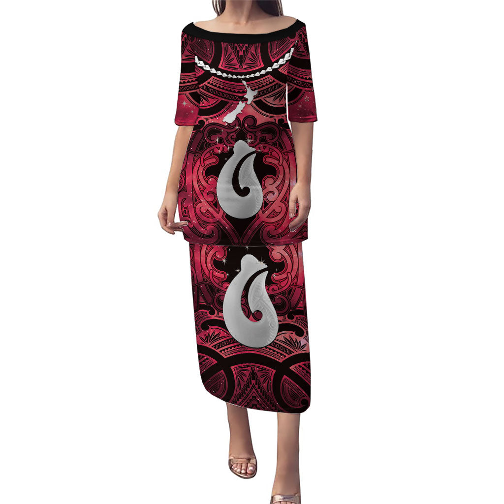 Personalised Maori Matariki Hei Matau Whero Family Matching Puletasi and Hawaiian Shirt Maori Kowhaiwhai Pattern Galaxy LT01 Mom's Dress Red - Polynesian Pride
