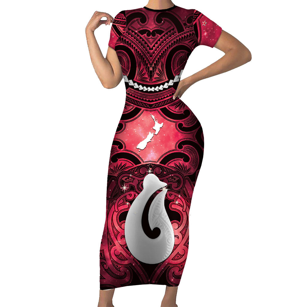Personalised Maori Matariki Hei Matau Whero Family Matching Short Sleeve Bodycon Dress and Hawaiian Shirt Maori Kowhaiwhai Pattern Galaxy LT01 Mom's Dress Red - Polynesian Pride