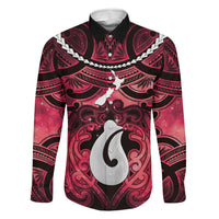 Personalised Maori Matariki Hei Matau Whero Family Matching Summer Maxi Dress and Hawaiian Shirt Maori Kowhaiwhai Pattern Galaxy LT01 Dad's Shirt - Long Sleeve Red - Polynesian Pride