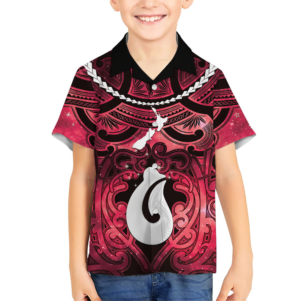 Personalised Maori Matariki Hei Matau Whero Family Matching Summer Maxi Dress and Hawaiian Shirt Maori Kowhaiwhai Pattern Galaxy LT01 Son's Shirt Red - Polynesian Pride