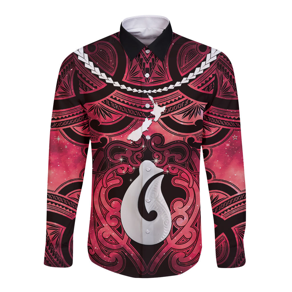 Personalised Maori Matariki Hei Matau Whero Long Sleeve Button Shirt Maori Kowhaiwhai Pattern Galaxy