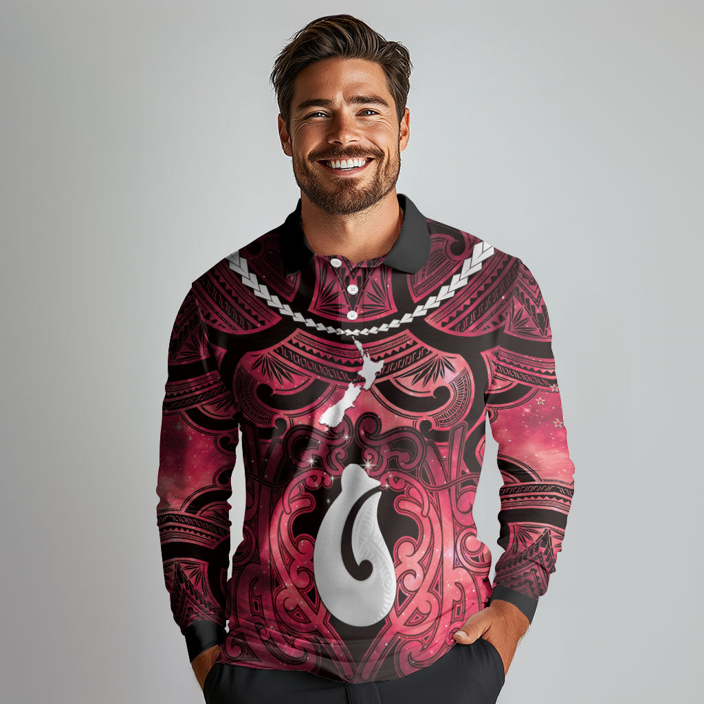 Personalised Maori Matariki Hei Matau Whero Long Sleeve Polo Shirt Maori Kowhaiwhai Pattern Galaxy