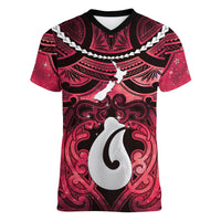 Personalised Maori Matariki Hei Matau Whero Women V-Neck T-Shirt Maori Kowhaiwhai Pattern Galaxy LT01 Female Red - Polynesian Pride