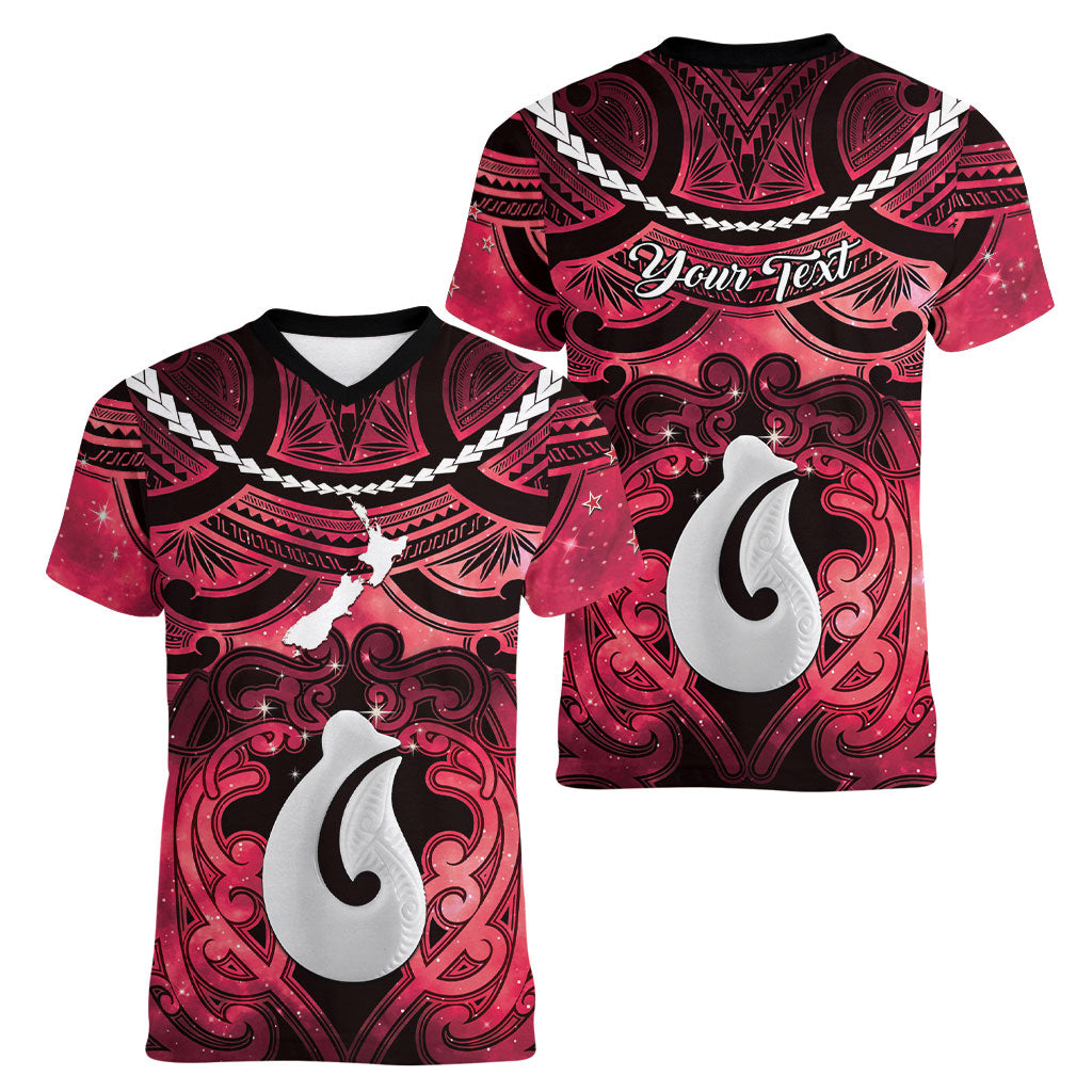 Personalised Maori Matariki Hei Matau Whero Women V-Neck T-Shirt Maori Kowhaiwhai Pattern Galaxy LT01 - Polynesian Pride