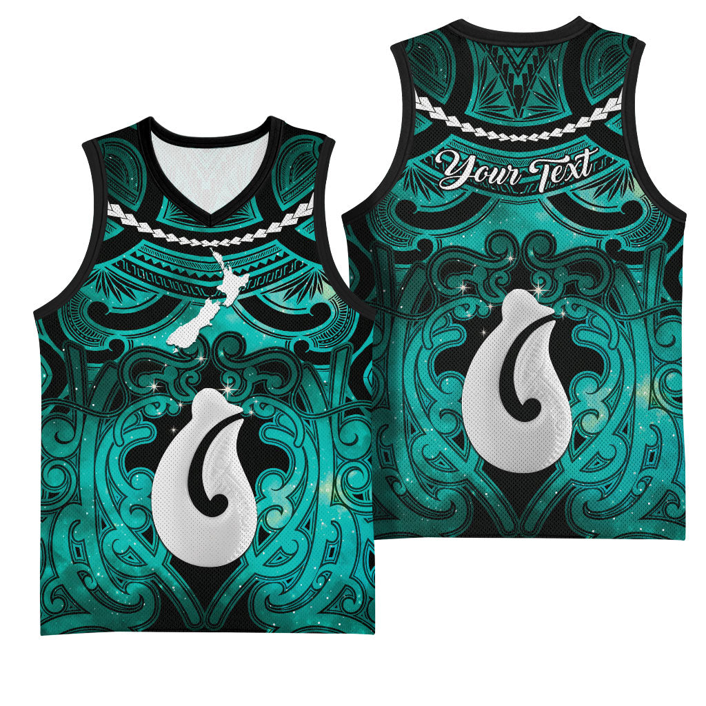 Personalised Maori Matariki Hei Matau Turquoise Basketball Jersey Maori Kowhaiwhai Pattern Galaxy