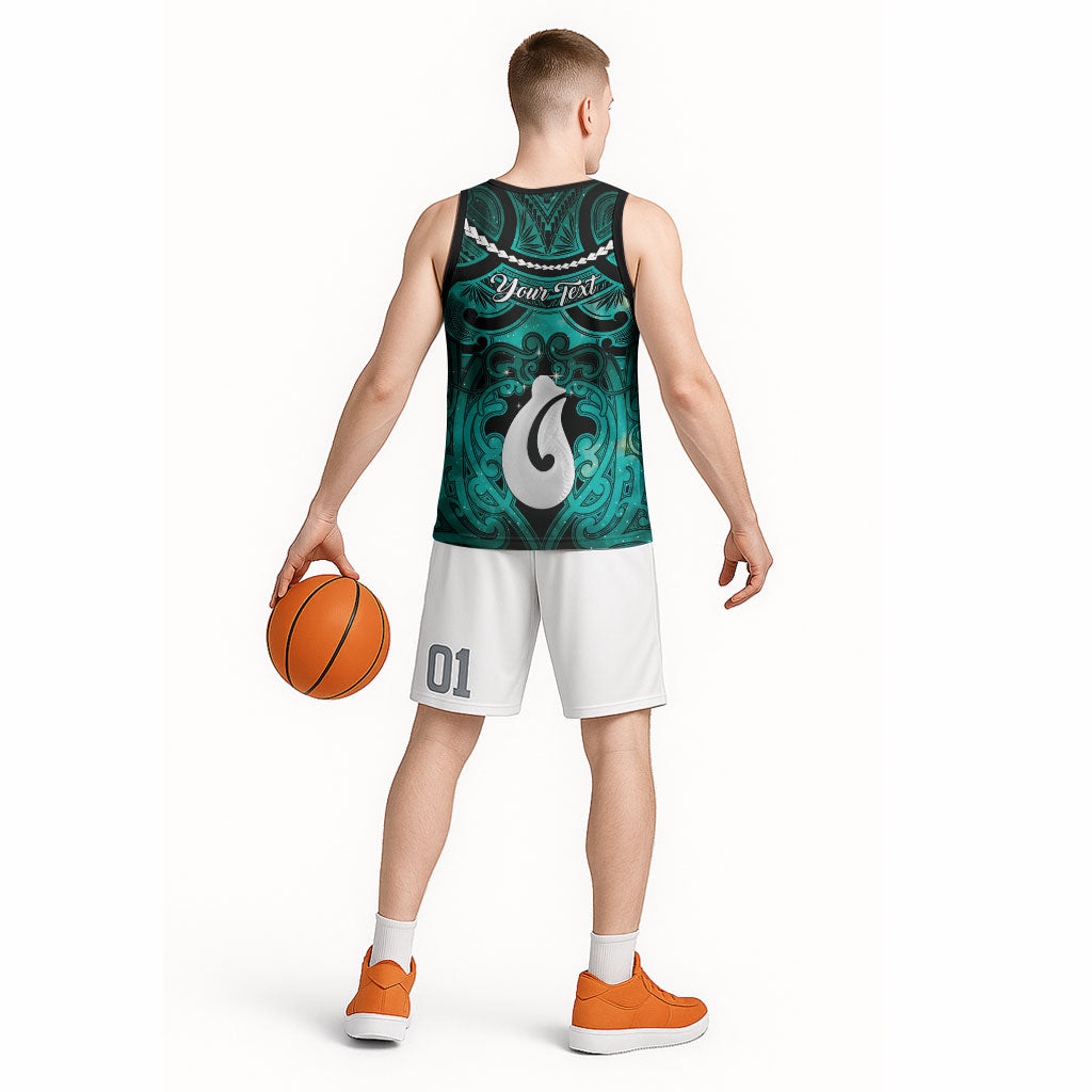Personalised Maori Matariki Hei Matau Turquoise Basketball Jersey Maori Kowhaiwhai Pattern Galaxy