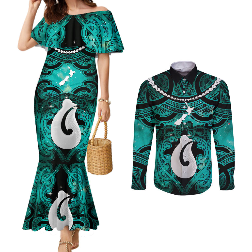 Personalised Maori Matariki Hei Matau Turquoise Couples Matching Mermaid Dress and Long Sleeve Button Shirt Maori Kowhaiwhai Pattern Galaxy