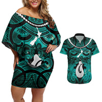 Personalised Maori Matariki Hei Matau Turquoise Couples Matching Off Shoulder Short Dress and Hawaiian Shirt Maori Kowhaiwhai Pattern Galaxy