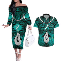 Personalised Maori Matariki Hei Matau Turquoise Couples Matching Off The Shoulder Long Sleeve Dress and Hawaiian Shirt Maori Kowhaiwhai Pattern Galaxy LT01 Turquoise - Polynesian Pride