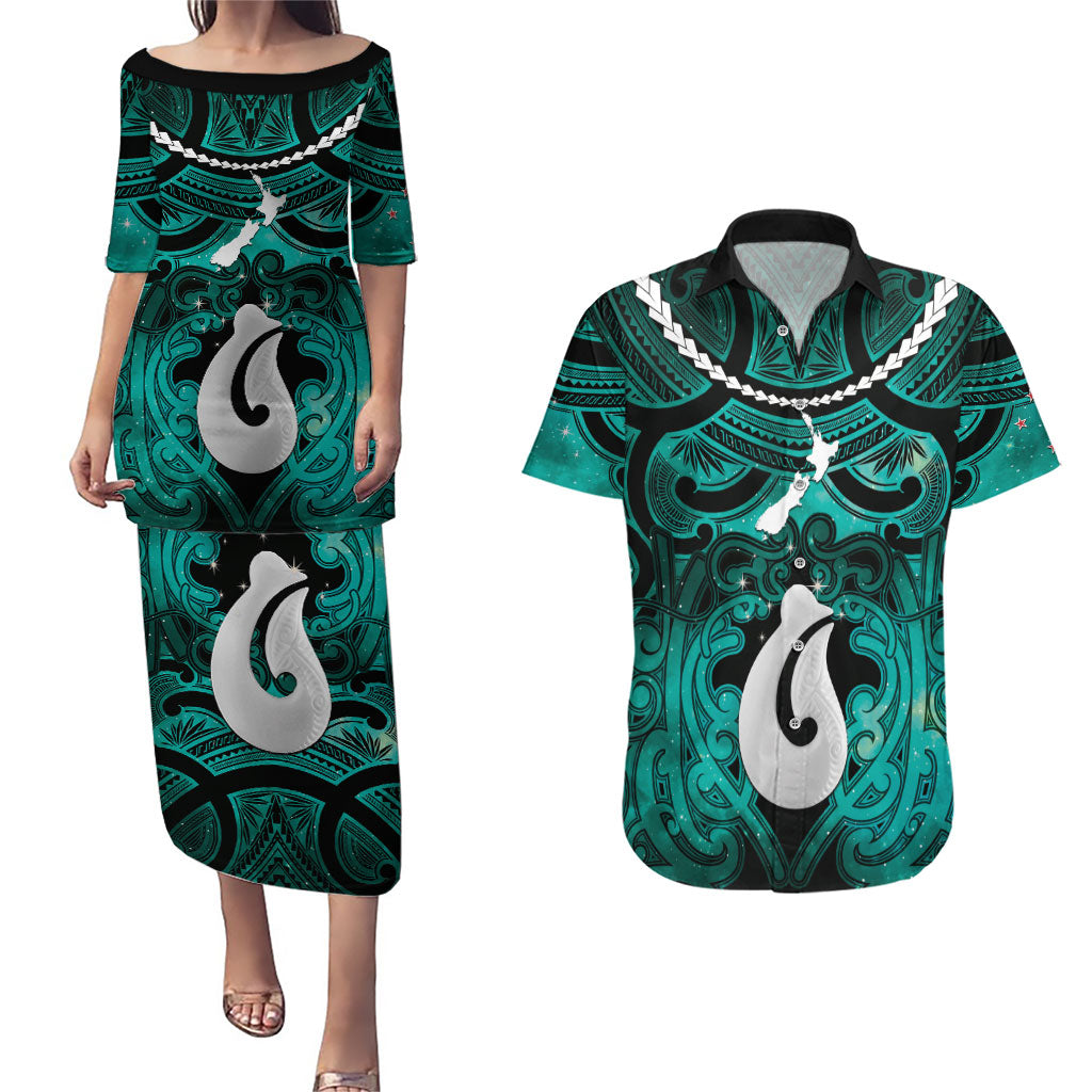 Personalised Maori Matariki Hei Matau Turquoise Couples Matching Puletasi and Hawaiian Shirt Maori Kowhaiwhai Pattern Galaxy LT01 Turquoise - Polynesian Pride