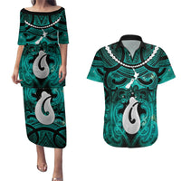 Personalised Maori Matariki Hei Matau Turquoise Couples Matching Puletasi and Hawaiian Shirt Maori Kowhaiwhai Pattern Galaxy LT01 Turquoise - Polynesian Pride