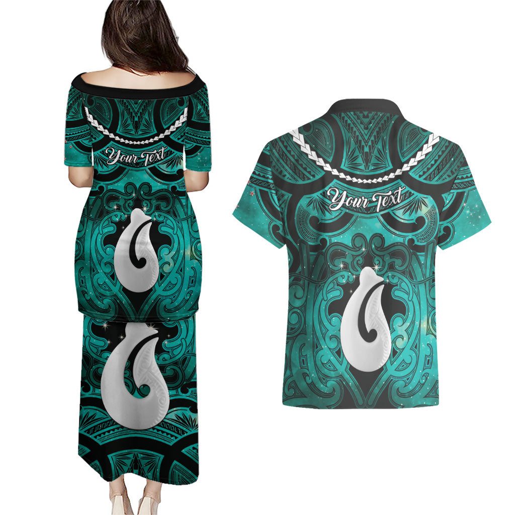 Personalised Maori Matariki Hei Matau Turquoise Couples Matching Puletasi and Hawaiian Shirt Maori Kowhaiwhai Pattern Galaxy LT01 - Polynesian Pride