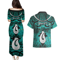 Personalised Maori Matariki Hei Matau Turquoise Couples Matching Puletasi and Hawaiian Shirt Maori Kowhaiwhai Pattern Galaxy LT01 - Polynesian Pride