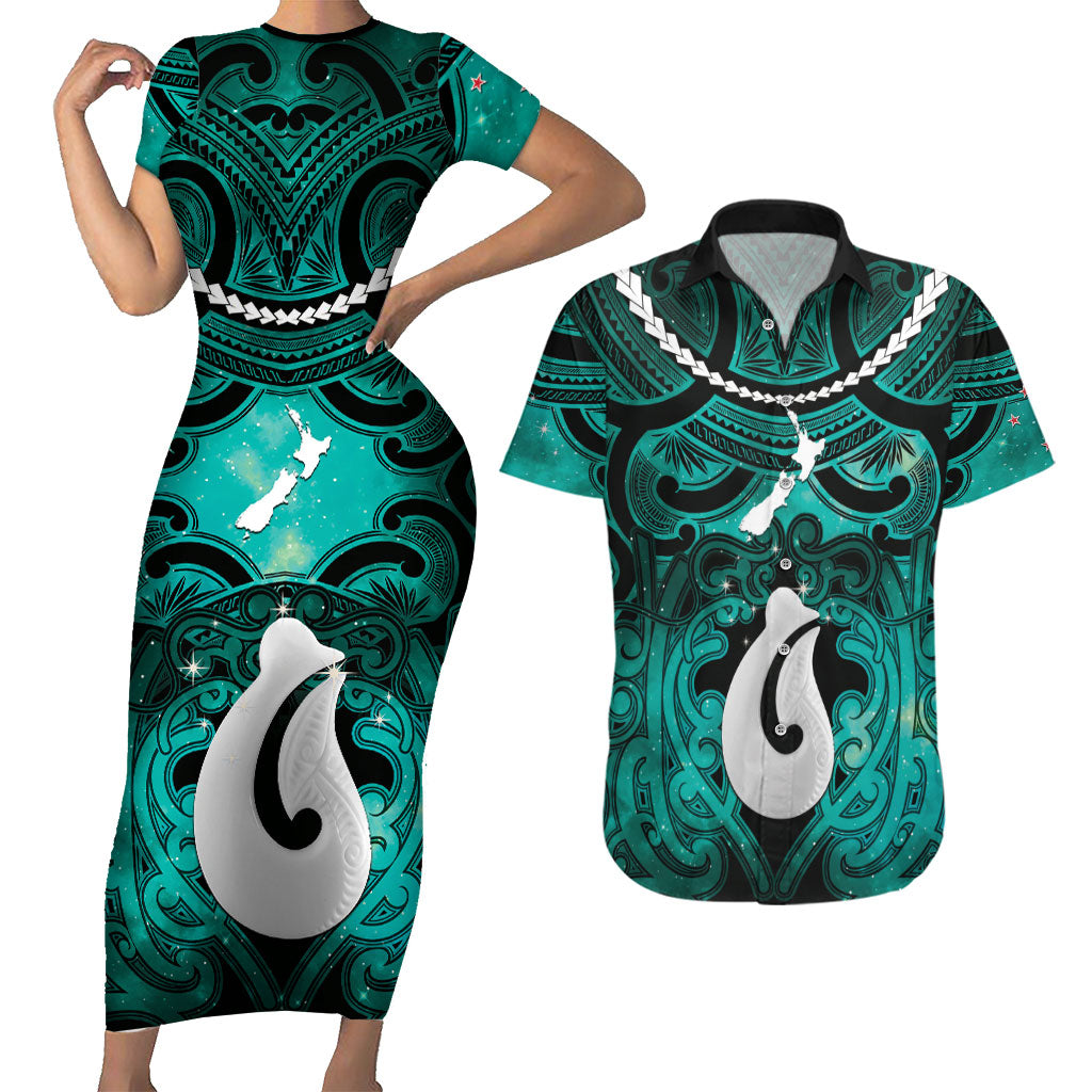 Personalised Maori Matariki Hei Matau Turquoise Couples Matching Short Sleeve Bodycon Dress and Hawaiian Shirt Maori Kowhaiwhai Pattern Galaxy LT01 Turquoise - Polynesian Pride