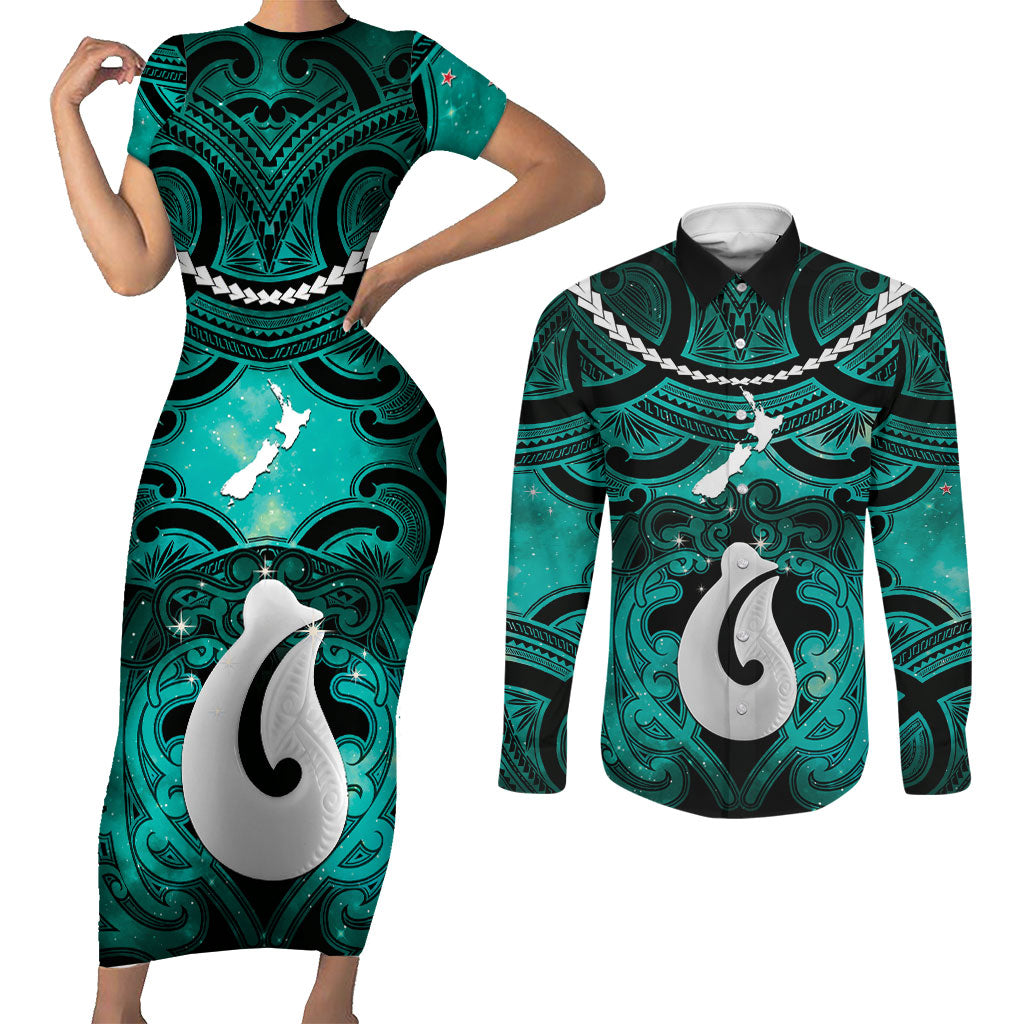 Personalised Maori Matariki Hei Matau Turquoise Couples Matching Short Sleeve Bodycon Dress and Long Sleeve Button Shirt Maori Kowhaiwhai Pattern Galaxy