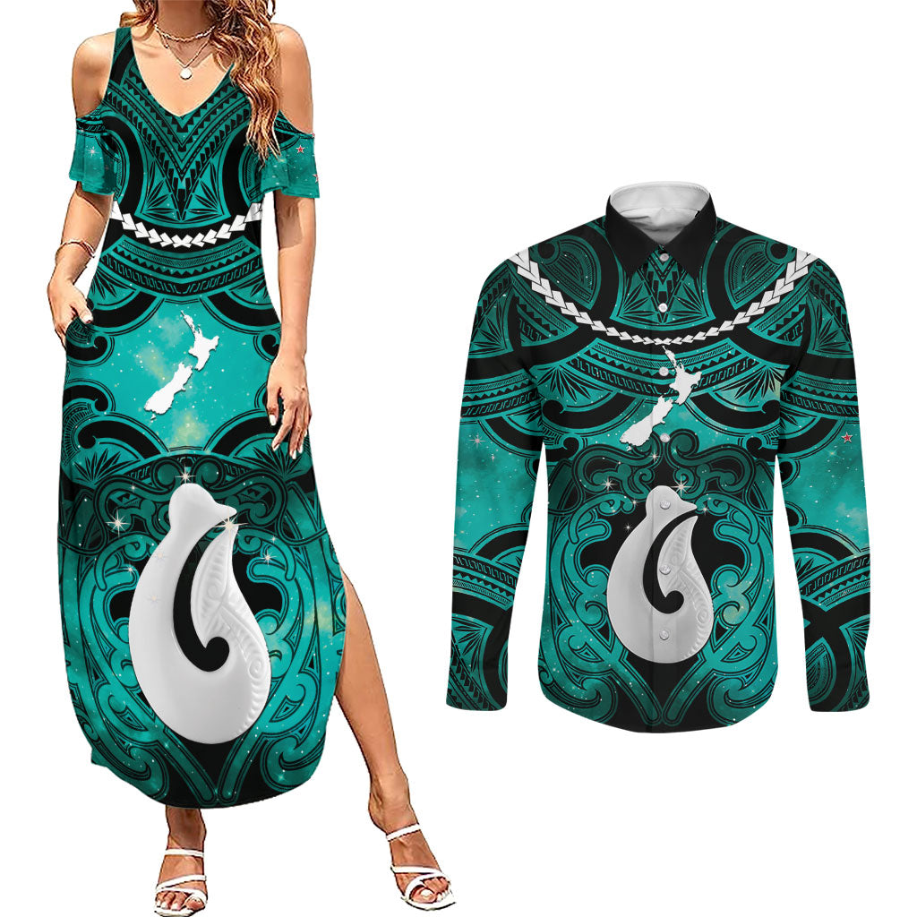 Personalised Maori Matariki Hei Matau Turquoise Couples Matching Summer Maxi Dress and Long Sleeve Button Shirt Maori Kowhaiwhai Pattern Galaxy