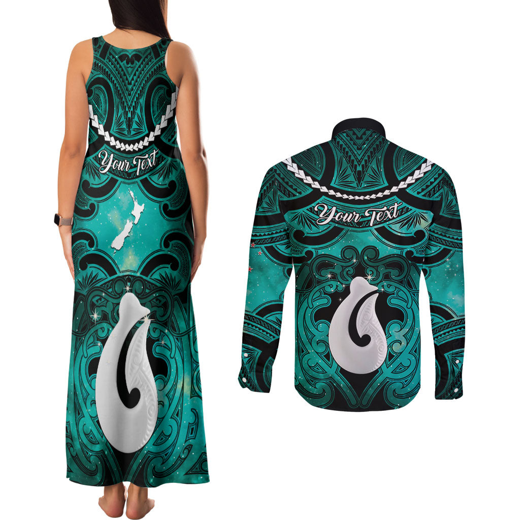 Personalised Maori Matariki Hei Matau Turquoise Couples Matching Tank Maxi Dress and Long Sleeve Button Shirt Maori Kowhaiwhai Pattern Galaxy