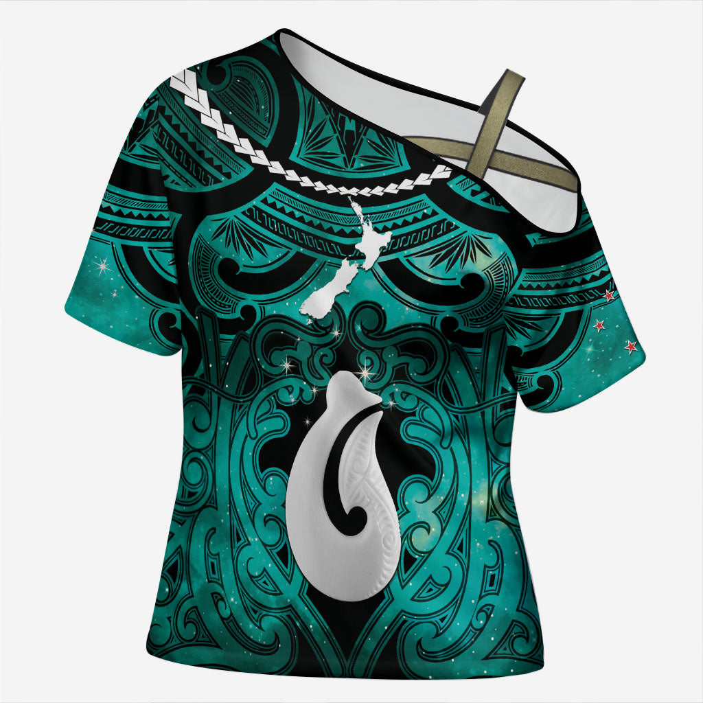 Personalised Maori Matariki Hei Matau Turquoise Cross Shoulder Shirt Maori Kowhaiwhai Pattern Galaxy