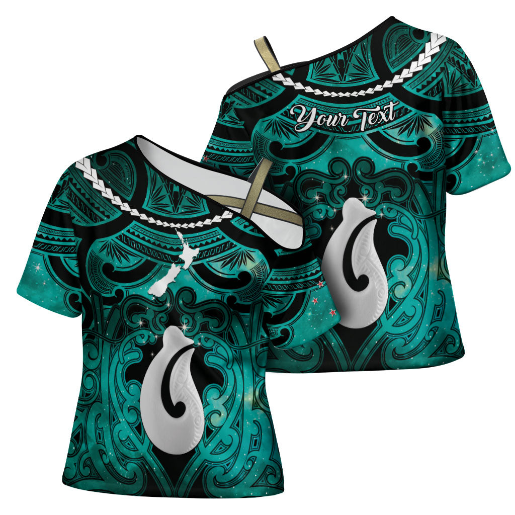 Personalised Maori Matariki Hei Matau Turquoise Cross Shoulder Shirt Maori Kowhaiwhai Pattern Galaxy