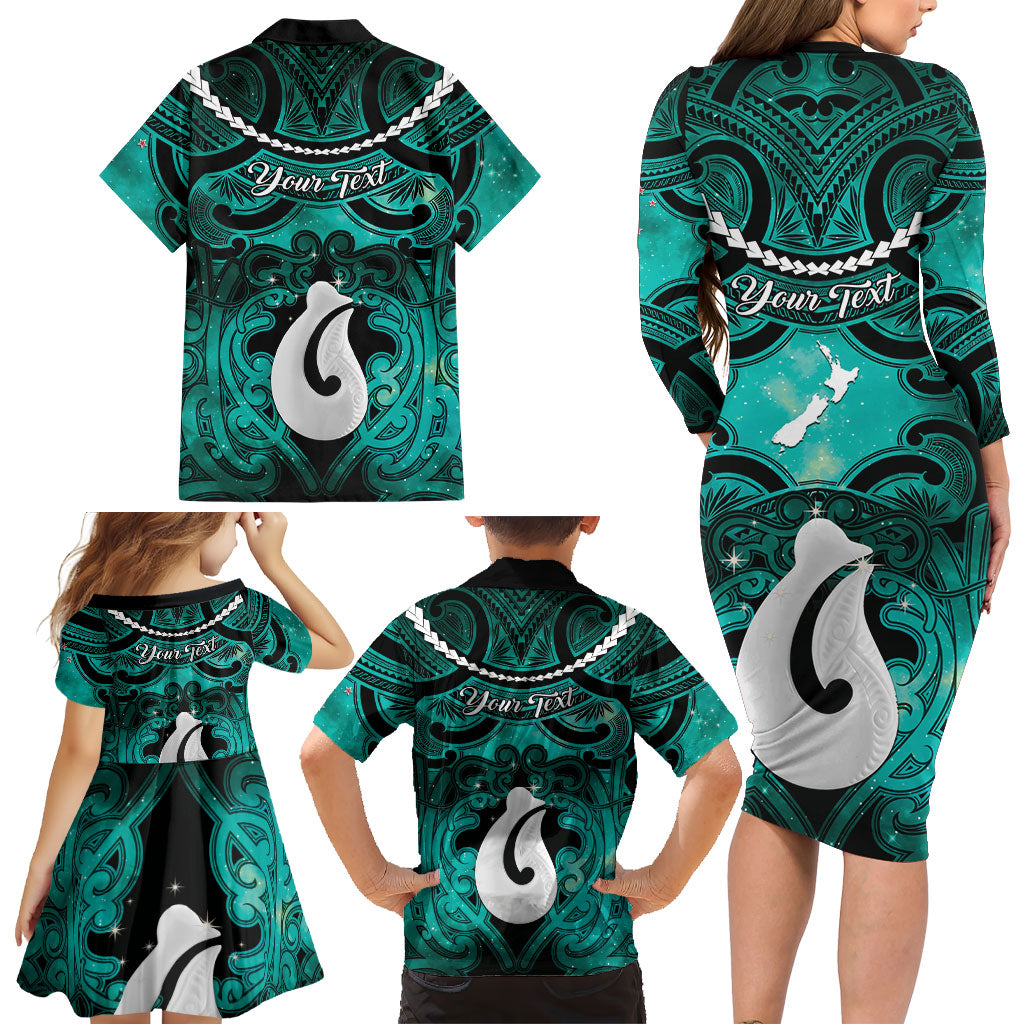 Personalised Maori Matariki Hei Matau Turquoise Family Matching Long Sleeve Bodycon Dress and Hawaiian Shirt Maori Kowhaiwhai Pattern Galaxy LT01 - Polynesian Pride