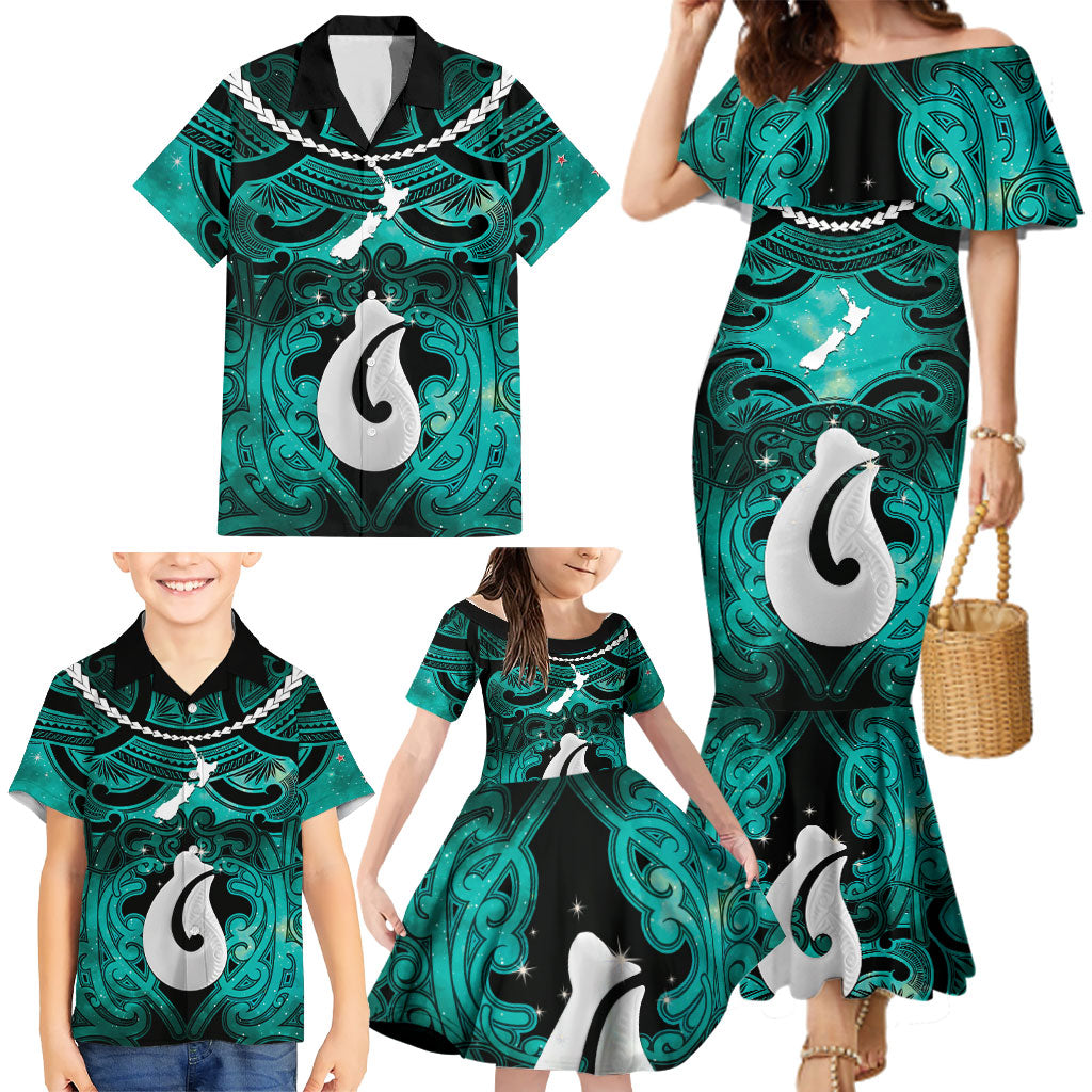 Personalised Maori Matariki Hei Matau Turquoise Family Matching Mermaid Dress and Hawaiian Shirt Maori Kowhaiwhai Pattern Galaxy